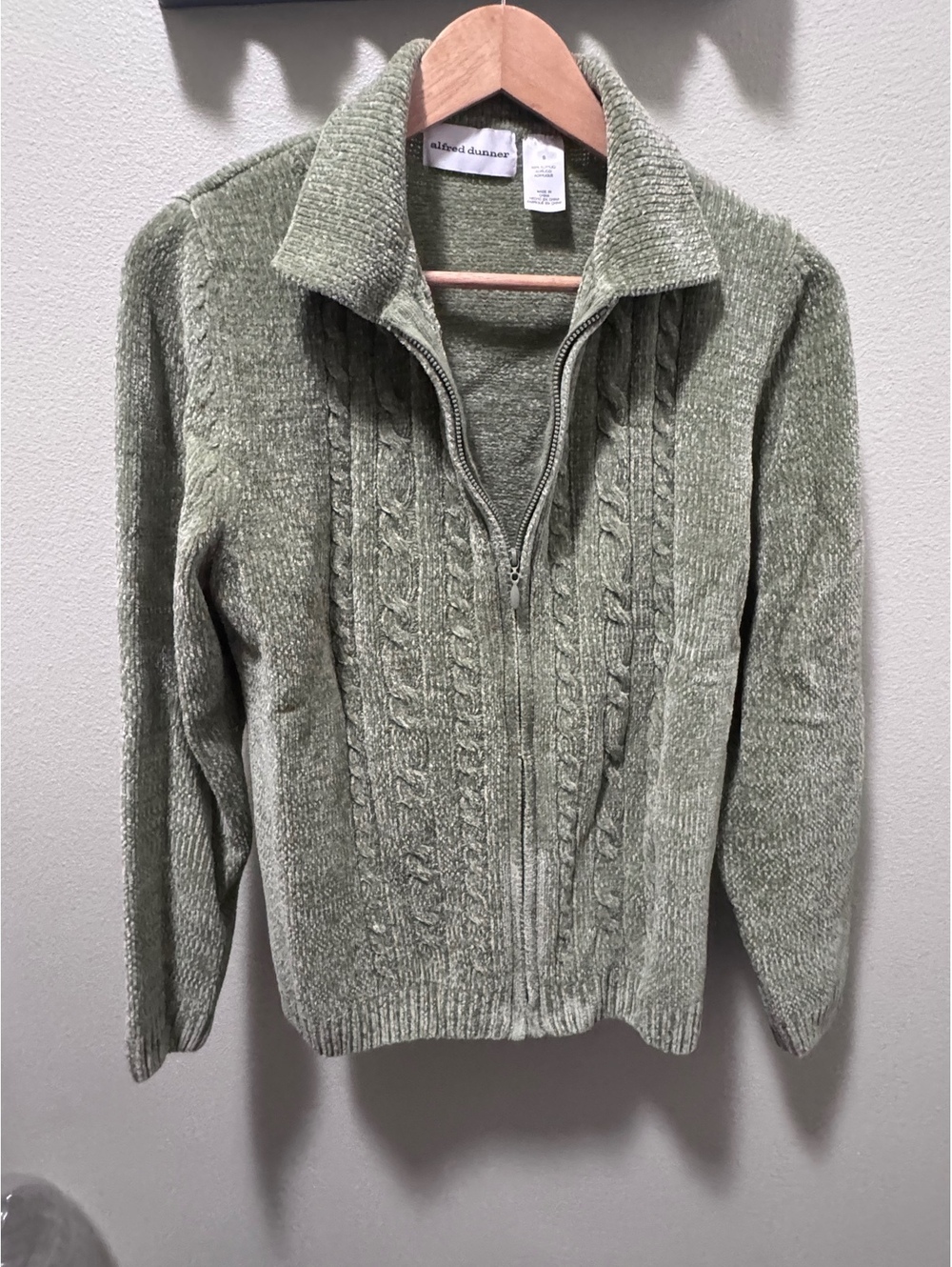 Alfred Dunner Womens Small Sage Green Chenille Cable Knit Zip Cardigan Sweater